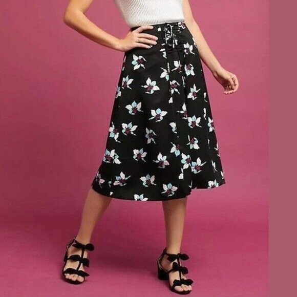 Anthropologie Maeve Zadie Skirt Womens Size 2 Floral Print Lace Up Midi Black - Picture 1 of 12